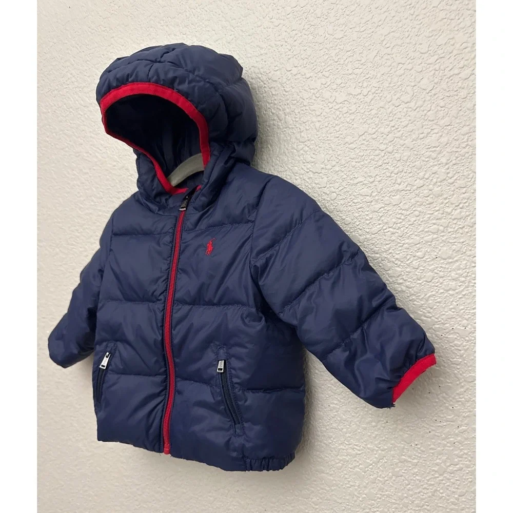 Ralph Lauren Navy Blue Down Puffer Hooded Jacket Size 12 Months Packable Bag
